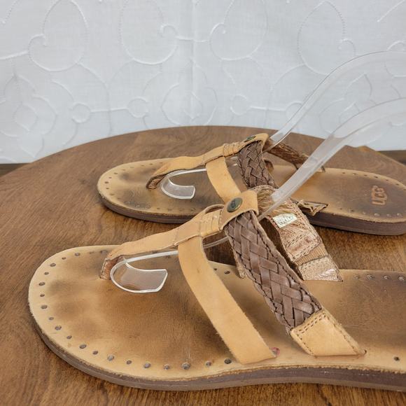 UGG Australia Audra Women Sandals Size 10 Tan Leather Flat Braided Slip On Thong - Picture 5 of 7